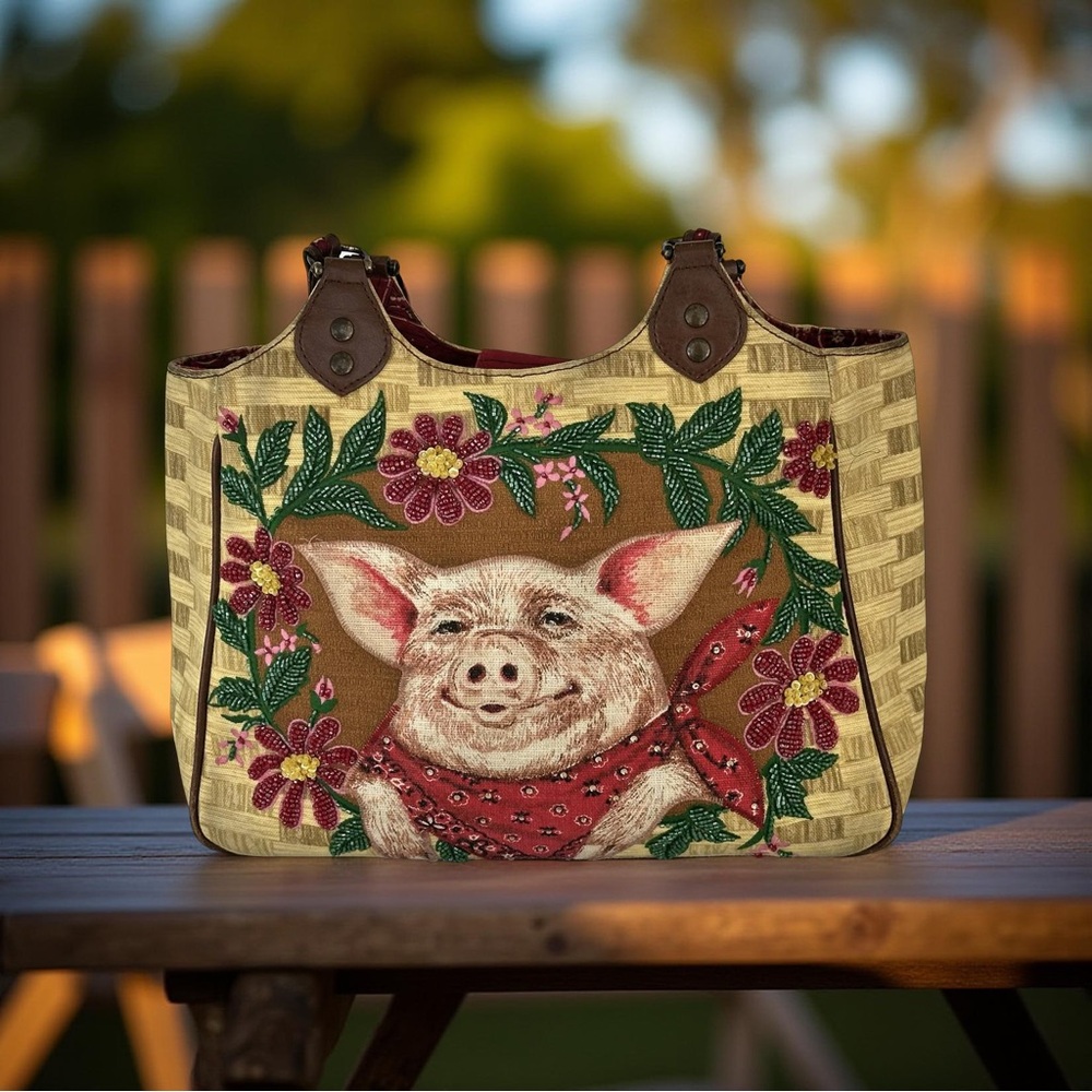 Isabella Fiore Pig Embellished Bag with Red Bandana interior.